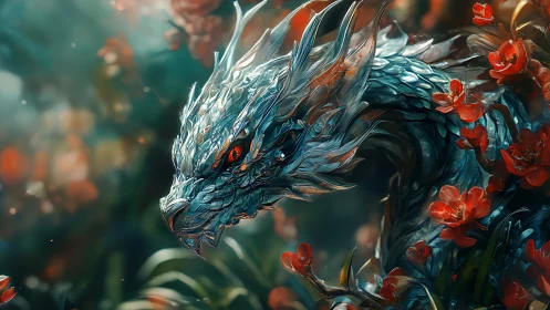Dragon head with metallic scales moves through red flowers calmly