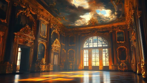 Sunlit baroque palace hall glows with gilded splendor