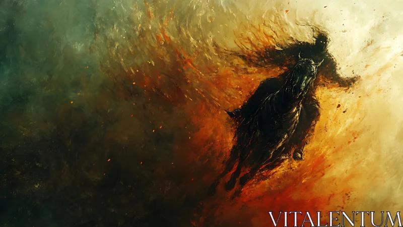 Silhouetted spectral rider charges through turbulent fiery vortex