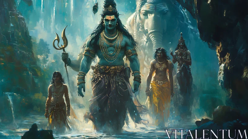 Celestial warriors stride through emerald mist and memory