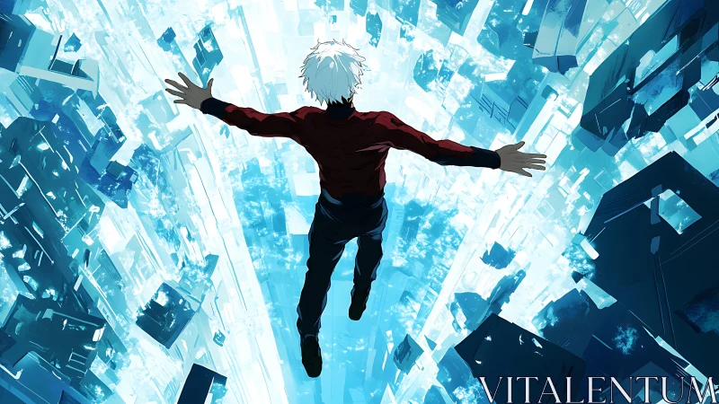 White haired figure falling through blue digital skyline.