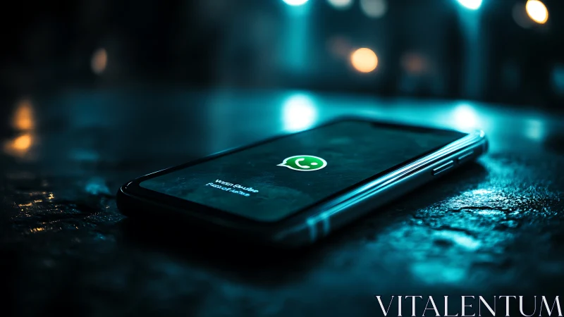 Low-key smartphone close-up with WhatsApp alert in bokeh light.
