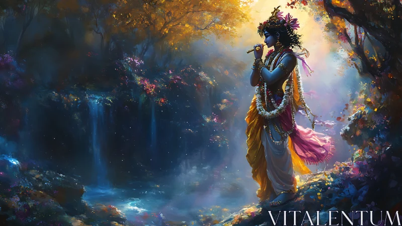 Divine flute player glows beside luminous forest waterfall.