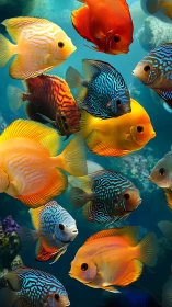 Vibrant discus fish shoal in crystal-clear reef waters.