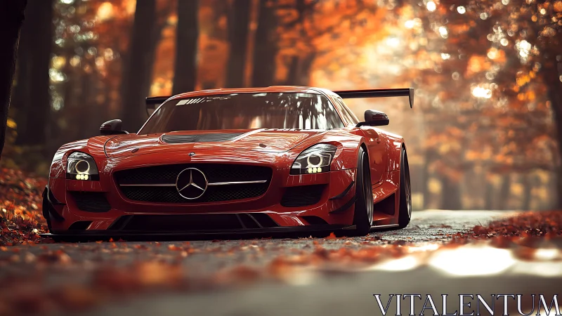 Red Mercedes race car powers through misty autumn forest