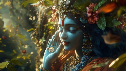 Blue-skinned forest deity in jeweled floral headdress