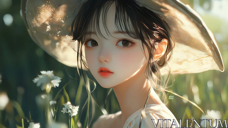 Sunlit garden portrait of dreamy girl in wide straw hat.