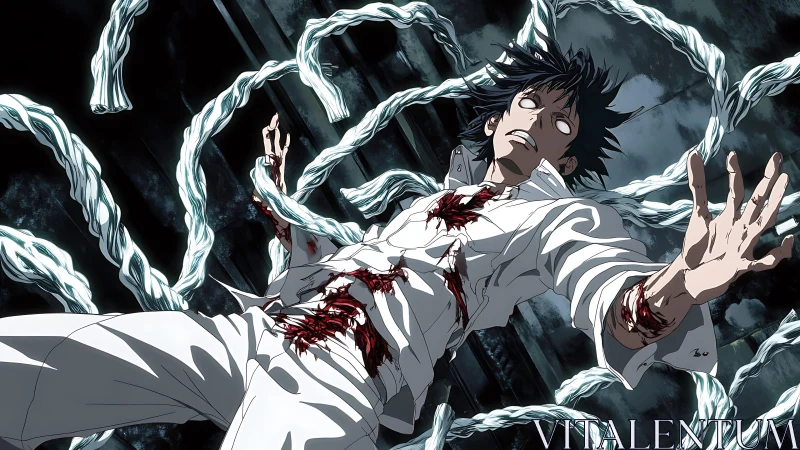 Dynamic low-angle anime shot of wounded man entangled in tendrils