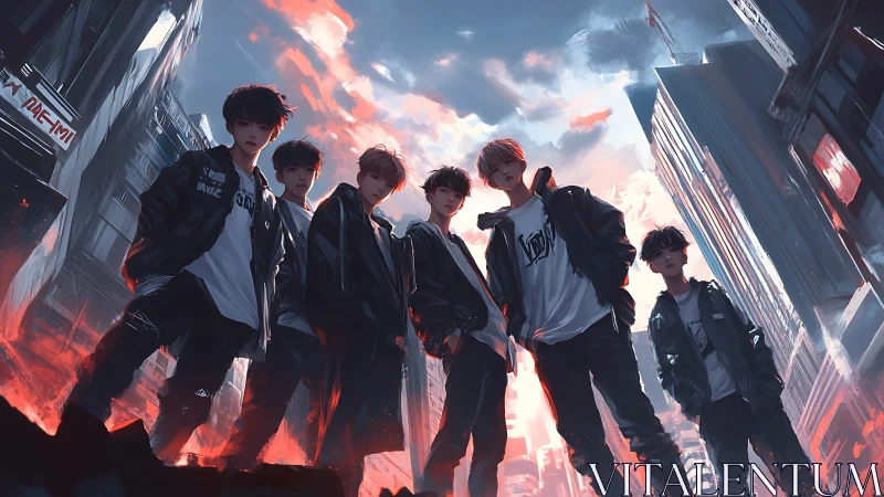 Cyberpunk youth collective in skewed neon megacity streets.