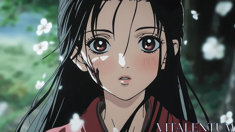 Anime character portrait shows close-up face with falling petals