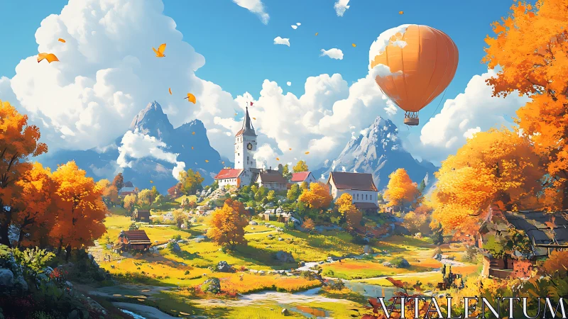 Colorful autumn village valley with hot air balloon overhead.