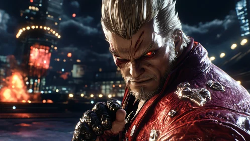 Intense cyber fighter locks in with a fierce glowing stare