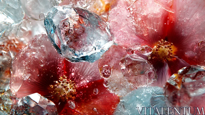 Transparent Crystal Structures Embedded with Floral Elements and Frozen Water Particles