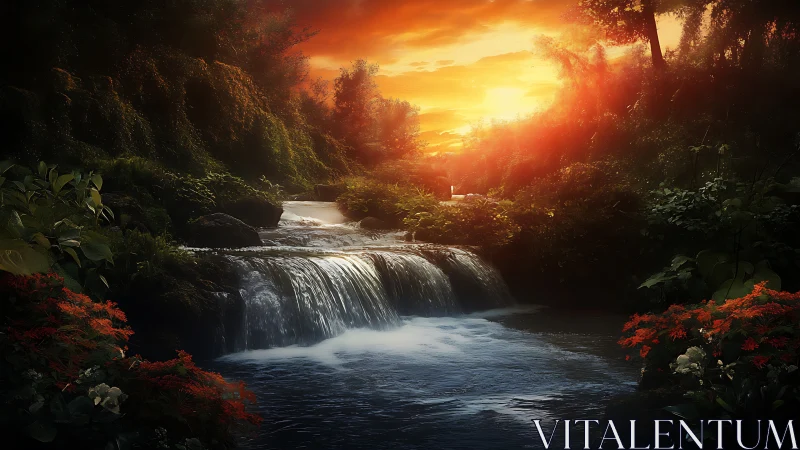 Luminous forest waterfall under blazing sunset glow.
