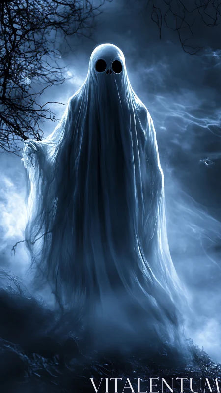 Ghostly figure hovers in moonlit fog within barren forest