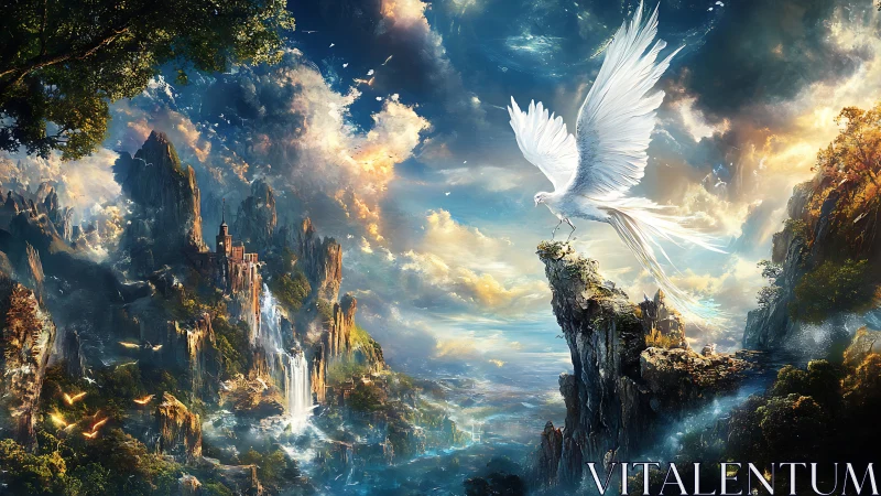 Majestic white phoenix dominates luminous fantasy cliffside vista