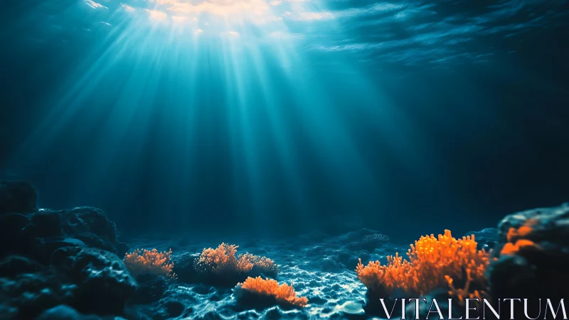 Sunlit coral reef floor under dramatic teal ocean beams.