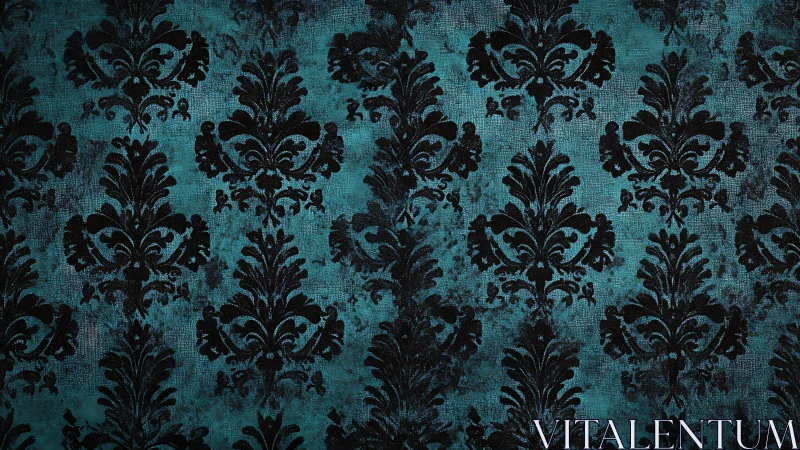 Vintage teal damask wallpaper with distressed baroque pattern.