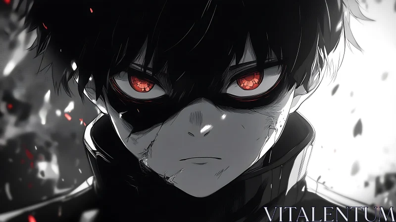 Monochrome anime antihero stares forward with glowing red eyes