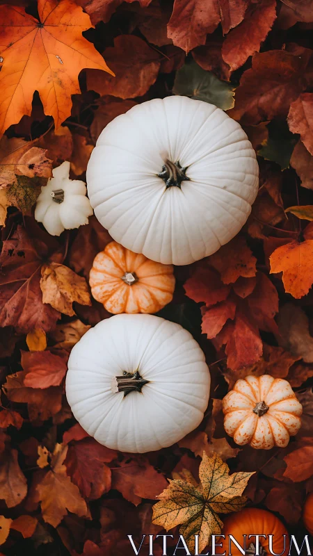 White and orange pumpkins arranged on dense autumn leaves