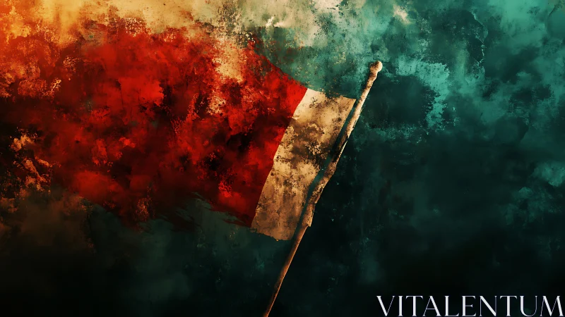 Textured tricolour flag amid turbulent abstract atmosphere.