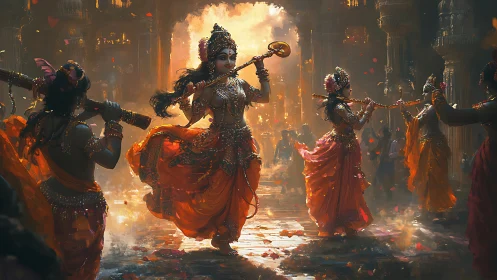 Divine dancers swirl in golden temple light as petals fall