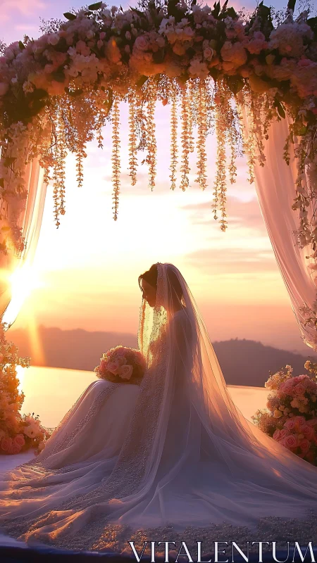 Sunlit bride beneath floral arch at golden hour ceremony.