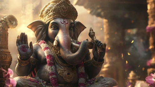 Radiant Ganesha statue glows in warm temple light and incense