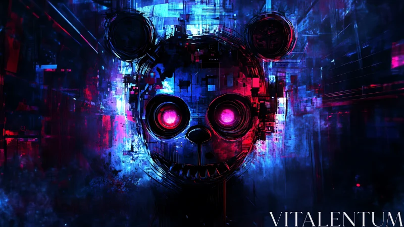 Glowing cybernetic bear skull amid neon glitch architecture