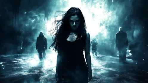 Woman in dark dress leading figures through misted street.