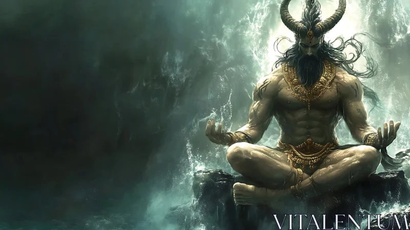 Horned sea deity meditates amid crashing ocean waves.