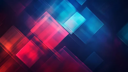 Abstract geometric digital art with glowing red and blue squares.