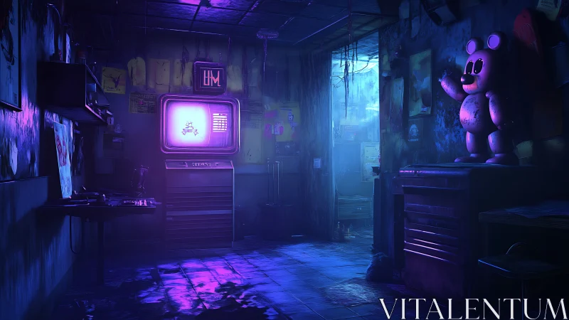 Abandoned neon lit control room with retro monitor display