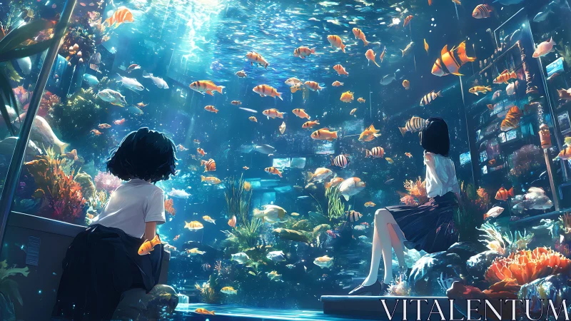 Two girls watch colorful fish in a glowing underwater room.