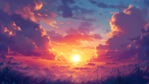 Radiant sunset sky ignites clouds above tranquil meadow horizon