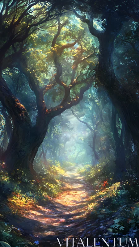Enchanted Forest Path with Ancient Trees and Golden Light.