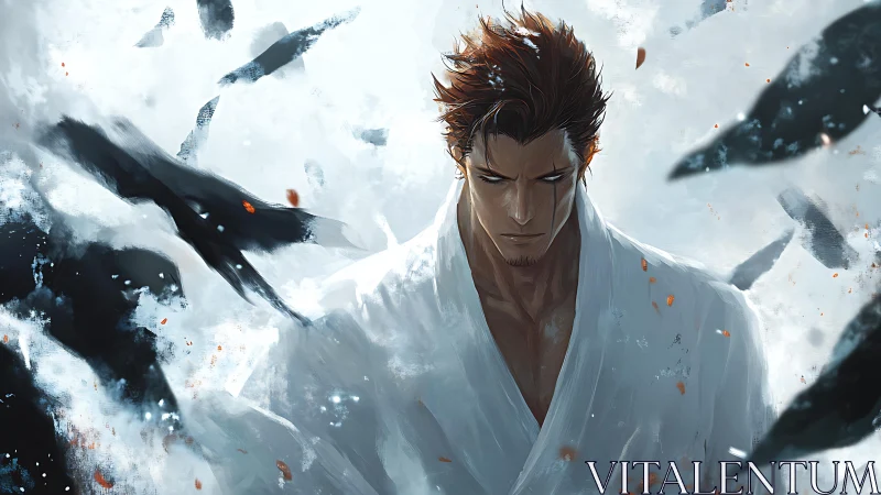 Storm-stilled warrior exhales calm amid swirling painted crows