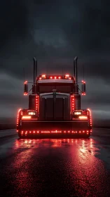 Midnight semi truck burns neon red lights on wet highway