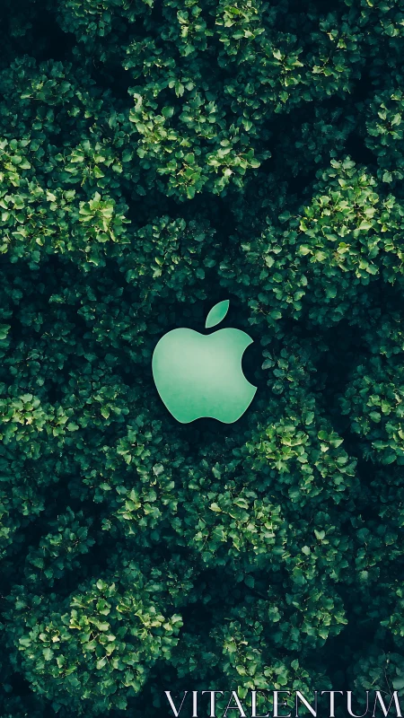 Apple logo centered in vibrant green foliage canopy.