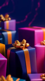 Wrapped Gift Boxes with Ribbons on Dark Background.
