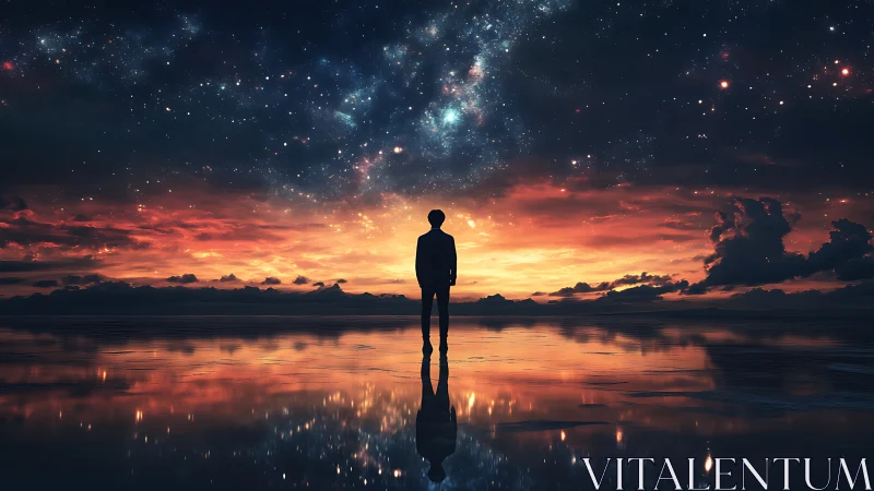 Silhouette on reflective shore under vivid starry sky.