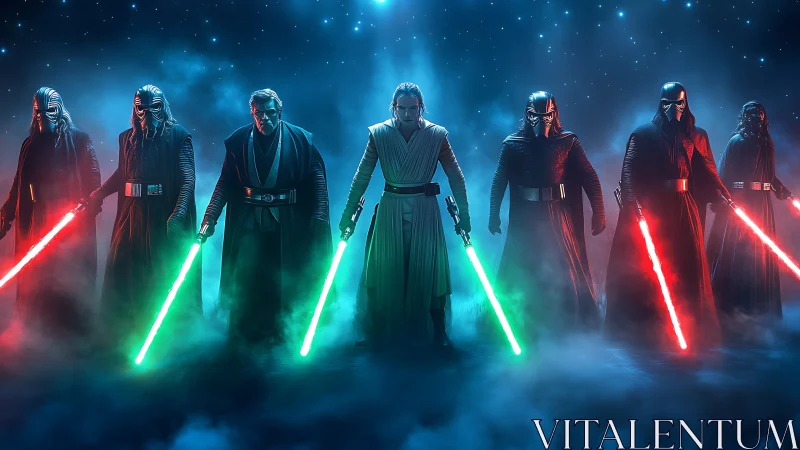 Dark warriors ignite glowing sabers in a foggy starfield