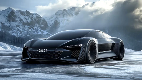Midnight Audi concept car glides across frozen alpine mirror.
