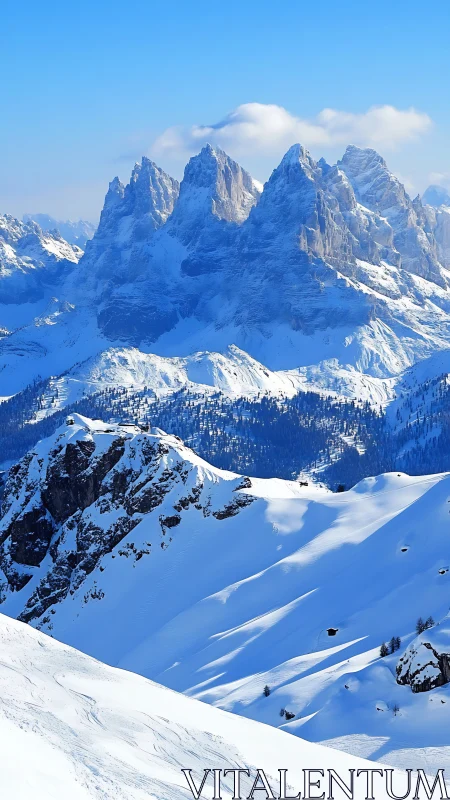 Photorealistic alpine massif with layered snowbound ridges.