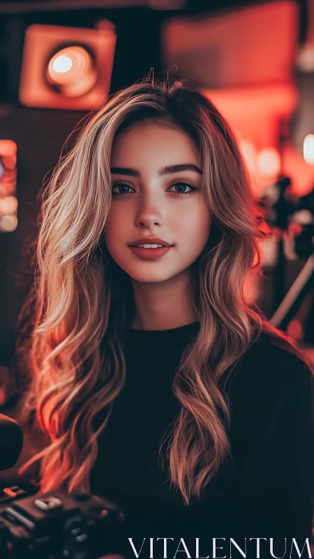 Warm studio portrait in cinematic amber glow of light.