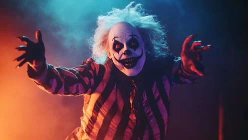 Striped costume clown under colored theatrical lighting.