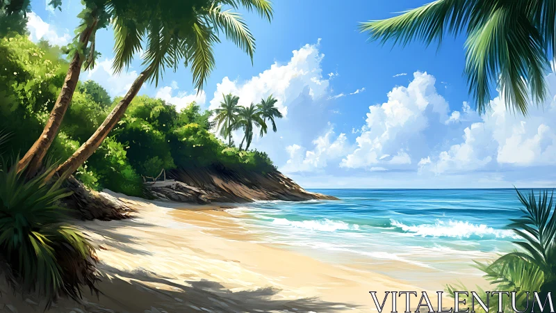 Tropical Beach Cove with Palm Trees and Coastal Cliffs