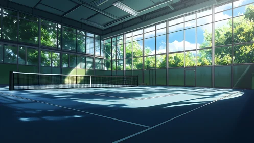 Sunlit indoor tennis court stands empty under tall glass walls