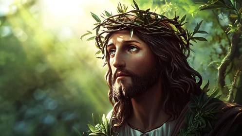 Male figure with thorn crown in sunlit forest setting.