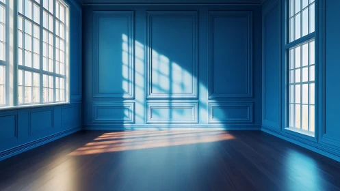 Sunlit empty blue room with tall windows and wood floor.